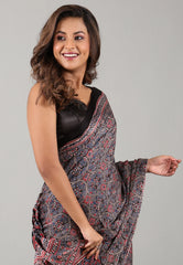 Black Pure Modal Work Silk Saree With Blouse Piece - Adi Akshoy & Co.