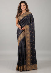 Black Pure Tussar Kantha Silk Saree With Blouse Piece - Adi Akshoy & Co.
