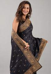 Black Pure Tussar Kantha Silk Saree With Blouse Piece - Adi Akshoy & Co.