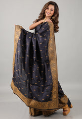 Black Pure Tussar Kantha Silk Saree With Blouse Piece - Adi Akshoy & Co.