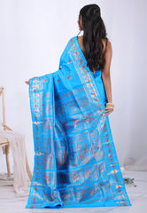 Feroza Blue Pure Baluchari Silk Saree with Blouse Piece  – Adi Akshoy & Co.