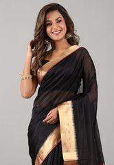 Black Sico Silk Bengal Handloom Saree With Blouse Piece - Adi Akshoy & Co.