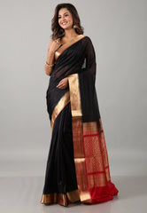 Black Sico Silk Bengal Handloom Saree With Blouse Piece - Adi Akshoy & Co.