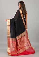 Black Sico Silk Bengal Handloom Saree With Blouse Piece - Adi Akshoy & Co.