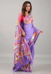 Lavender Kantha Silk Saree With Blouse Piece - Adi Akshoy & Co.