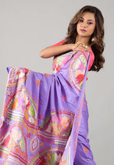 Lavender Kantha Silk Saree With Blouse Piece - Adi Akshoy & Co.
