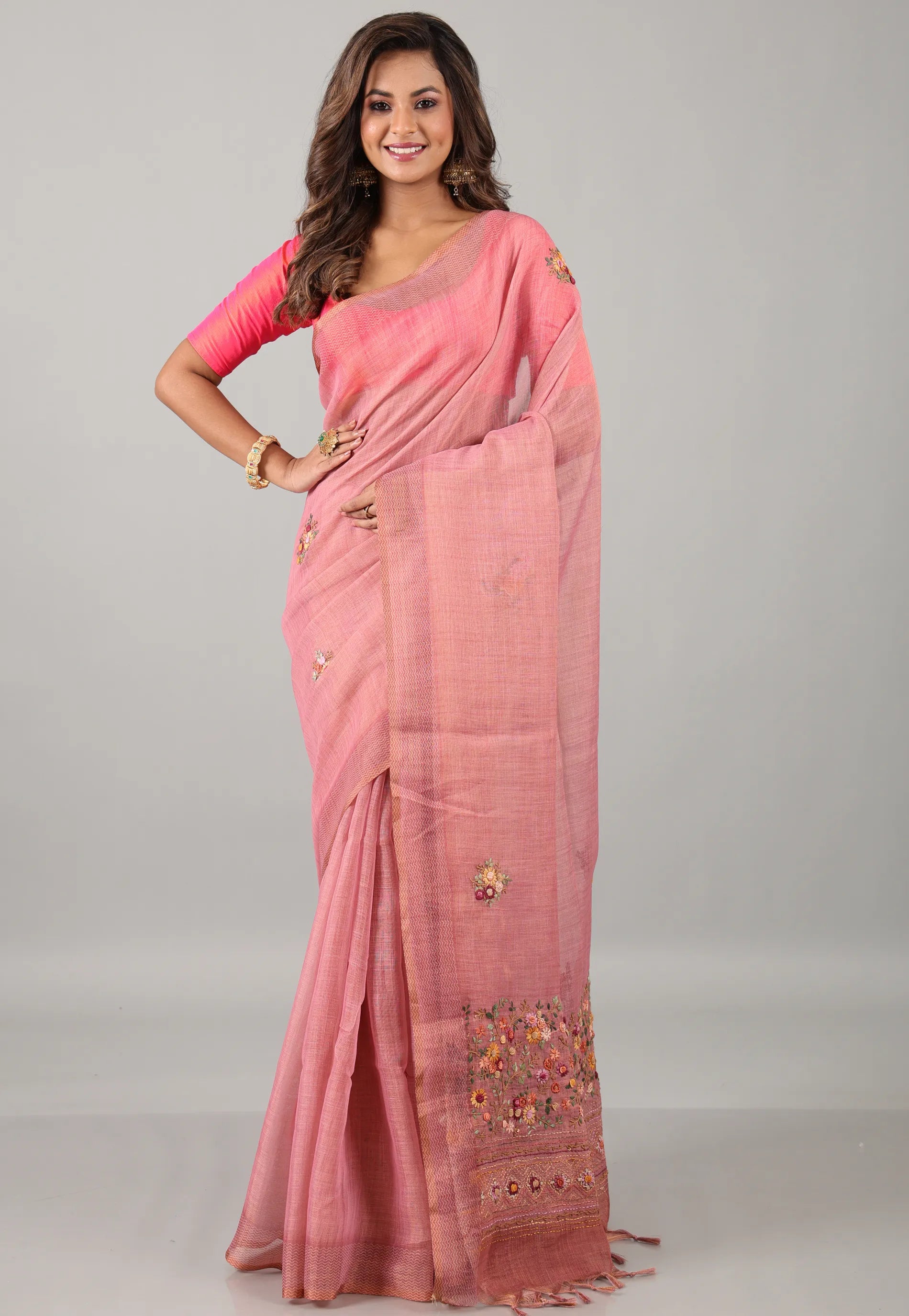 Rose Pink Kantha Silk Saree With Blouse Piece - Adi Akshoy & Co.