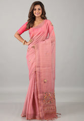 Rose Pink Kantha Silk Saree With Blouse Piece - Adi Akshoy & Co.