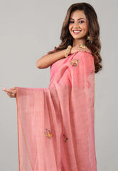 Rose Pink Kantha Silk Saree With Blouse Piece - Adi Akshoy & Co.