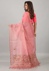 Rose Pink Kantha Silk Saree With Blouse Piece - Adi Akshoy & Co.