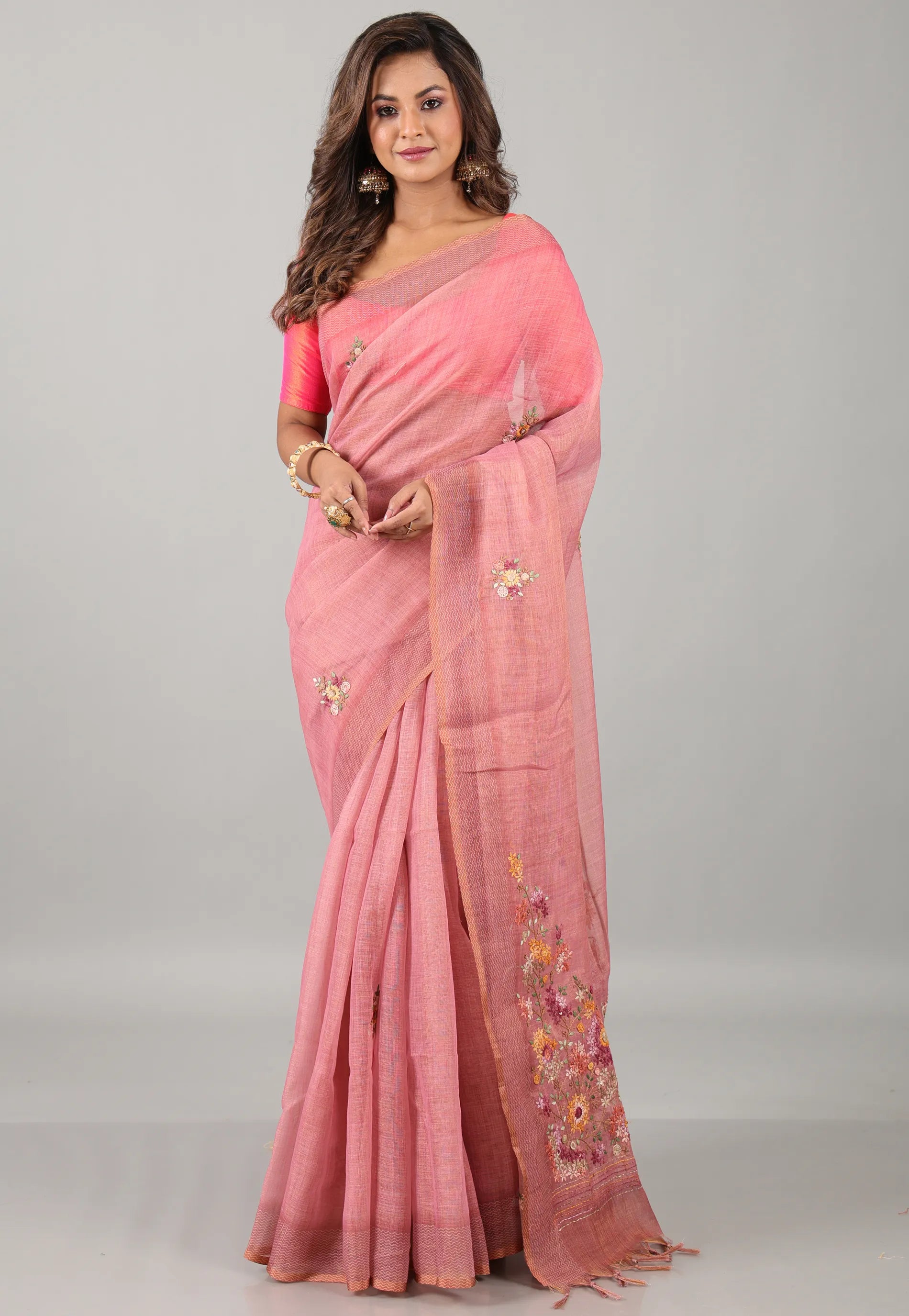 Rose Pink Kantha Silk Saree With Blouse Piece - Adi Akshoy & Co.