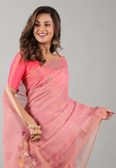 Rose Pink Kantha Silk Saree With Blouse Piece - Adi Akshoy & Co.
