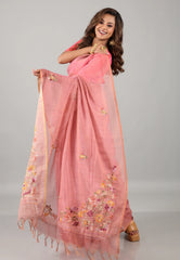 Rose Pink Kantha Silk Saree With Blouse Piece - Adi Akshoy & Co.