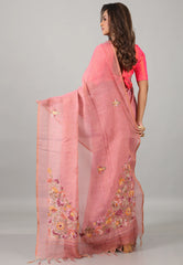 Rose Pink Kantha Silk Saree With Blouse Piece - Adi Akshoy & Co.
