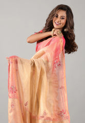 Cross Pink Tissue Embroidery Saree with Blouse Piece - Adi Akshoy & Co.