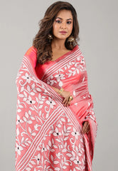 Cross Pink Kantha Silk Saree With Blouse Piece