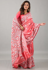 Cross Pink Kantha Silk Saree With Blouse Piece