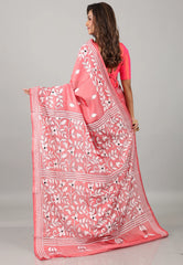 Cross Pink Kantha Silk Saree With Blouse Piece
