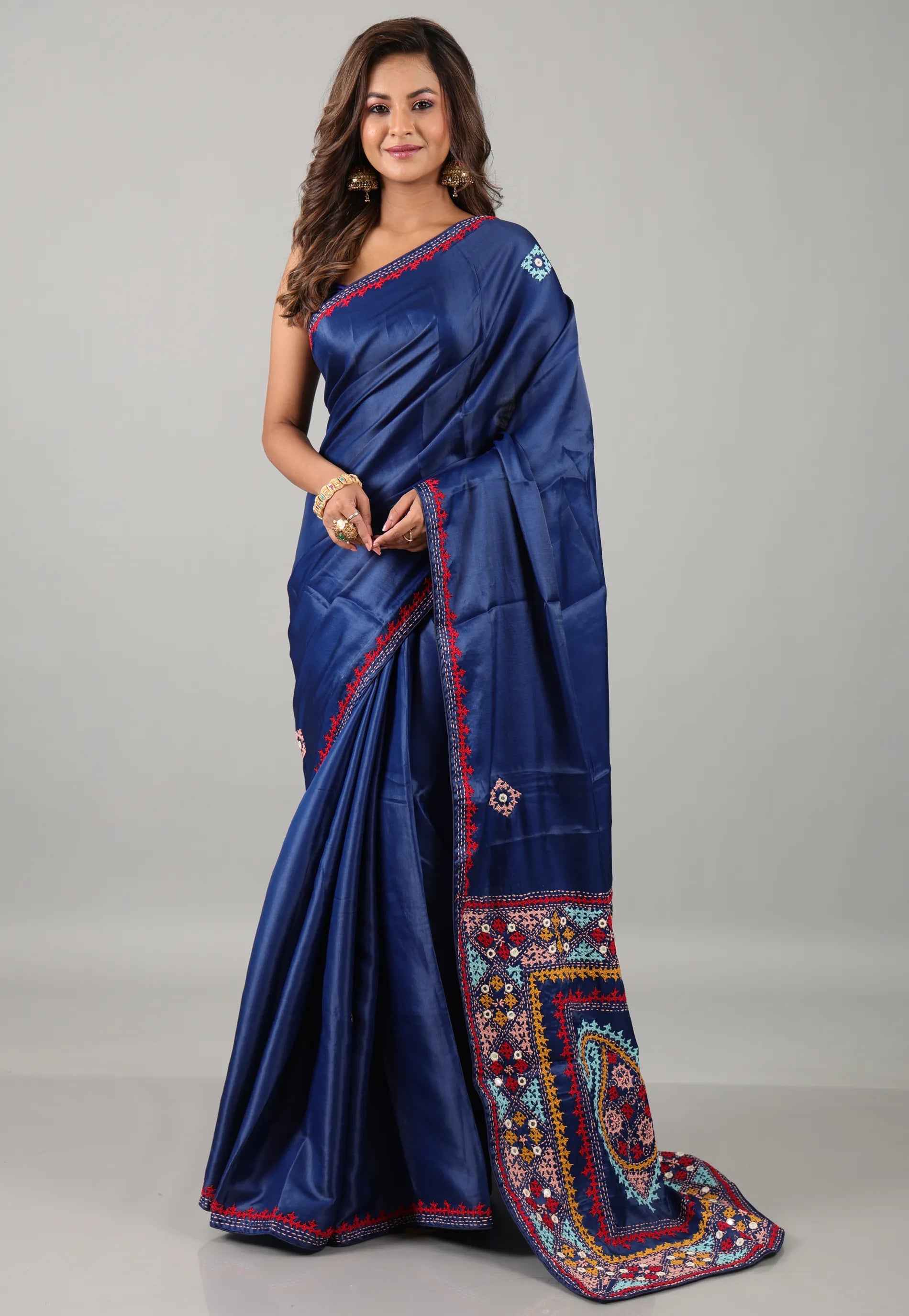 Navy Blue Kantha Silk Saree With Blouse Piece - Adi Akshoy & Co.