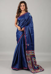 Navy Blue Kantha Silk Saree With Blouse Piece - Adi Akshoy & Co.