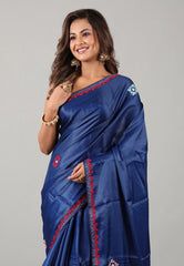 Navy Blue Kantha Silk Saree With Blouse Piece - Adi Akshoy & Co.