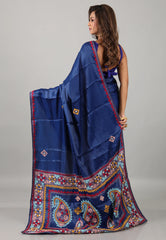 Navy Blue Kantha Silk Saree With Blouse Piece - Adi Akshoy & Co.