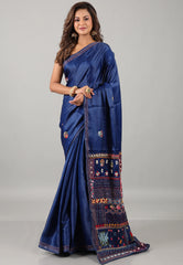 Navy Blue Kantha Silk Saree With Blouse Piece - Adi Akshoy & Co.