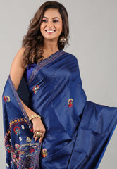 Navy Blue Kantha Silk Saree With Blouse Piece - Adi Akshoy & Co.
