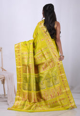 Lemon Cross Green Pure Baluchari Silk Saree with Blouse Piece  – Adi Akshoy & Co.