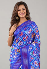 Blue Pure Ikkat Silk Saree With Blouse Piece - Adi Akshoy & Co.