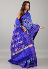 Blue Pure Ikkat Silk Saree With Blouse Piece - Adi Akshoy & Co.