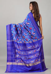 Blue Pure Ikkat Silk Saree With Blouse Piece - Adi Akshoy & Co.