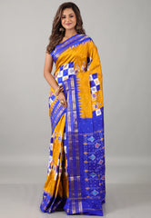 Golden Yellow Pure Ikkat Silk Saree With Blouse Piece - Adi Akshoy & Co.