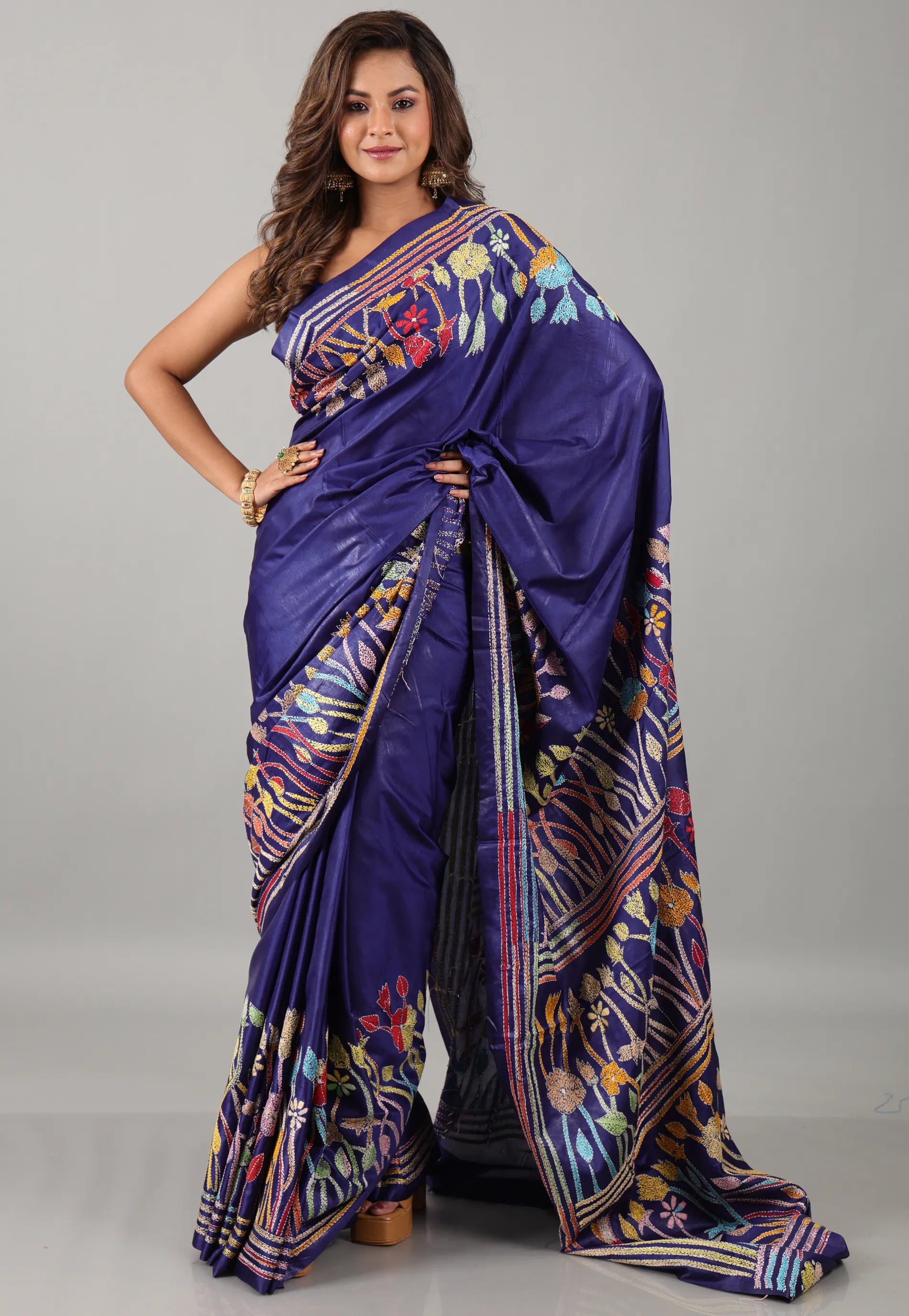 Navy Blue Kantha Silk Saree With Blouse Piece - Adi Akshoy & Co.