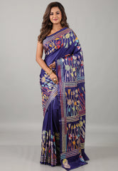 Navy Blue Kantha Silk Saree With Blouse Piece - Adi Akshoy & Co.