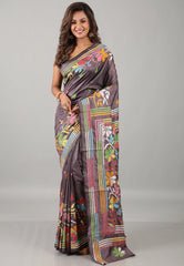 Gray Kantha Silk Saree With Blouse Piece - Adi Akshoy & Co.