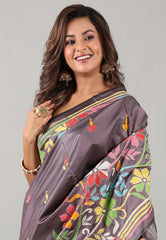 Gray Kantha Silk Saree With Blouse Piece - Adi Akshoy & Co.