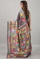 Gray Kantha Silk Saree With Blouse Piece - Adi Akshoy & Co.
