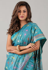 Aqua Blue Kantha Silk Saree With Blouse Piece - Adi Akshoy & Co.