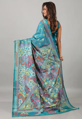 Aqua Blue Kantha Silk Saree With Blouse Piece - Adi Akshoy & Co.