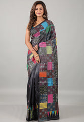 Charcoal Black Kantha Silk Saree With Blouse Piece - Adi Akshoy & Co.