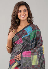 Charcoal Black Kantha Silk Saree With Blouse Piece - Adi Akshoy & Co.