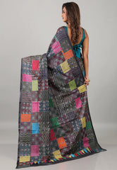Charcoal Black Kantha Silk Saree With Blouse Piece - Adi Akshoy & Co.
