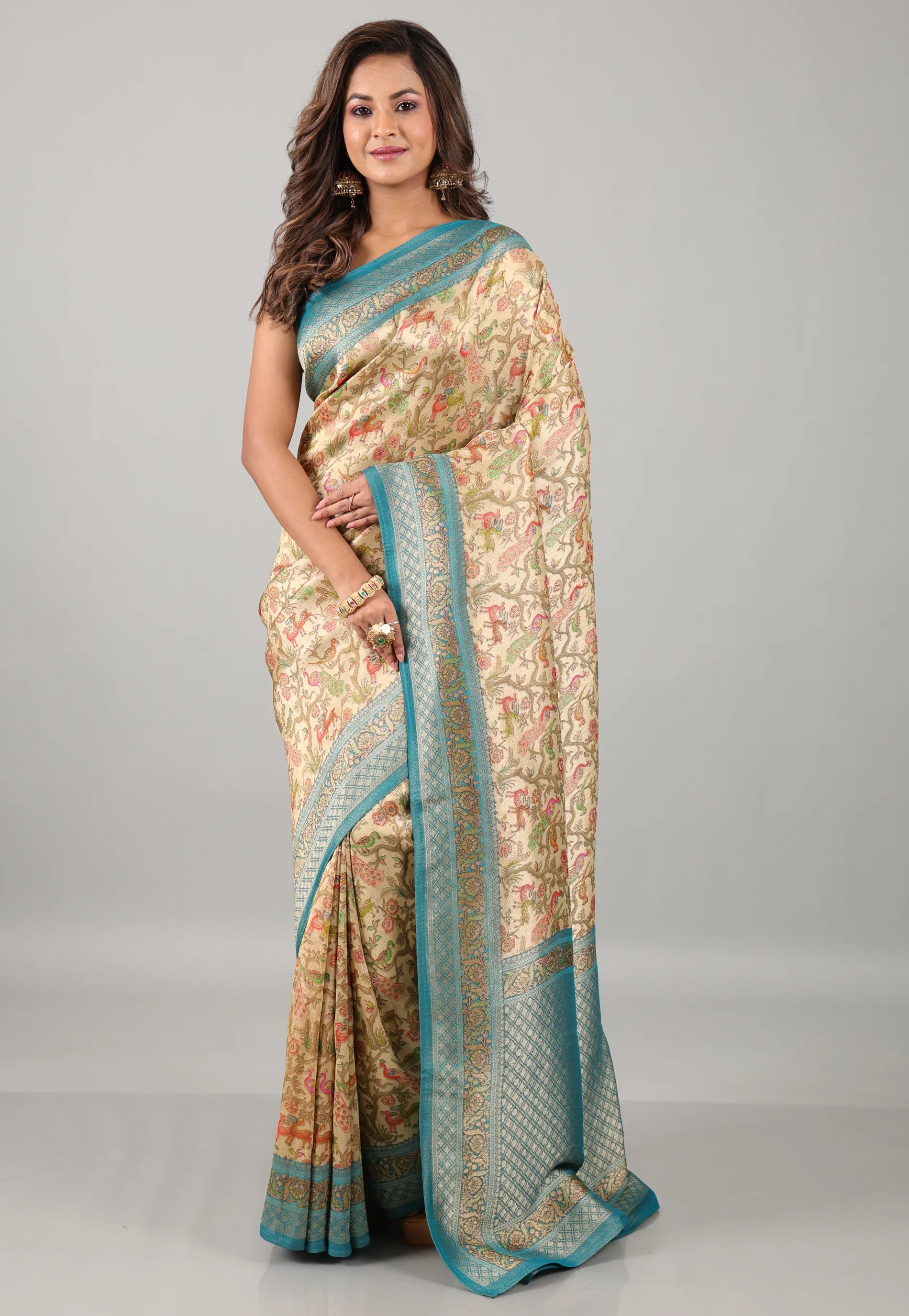 Beige Kani Silk Saree With Blouse Piece - Adi Akshoy & Co.