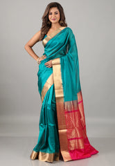 Turquoise Blue Sico Bengal Handloom Saree With Blouse Piece - Adi Akshoy & Co.