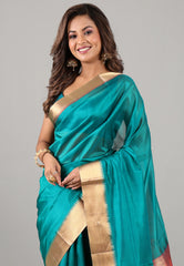 Turquoise Blue Sico Bengal Handloom Saree With Blouse Piece - Adi Akshoy & Co.