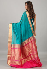 Turquoise Blue Sico Bengal Handloom Saree With Blouse Piece - Adi Akshoy & Co.