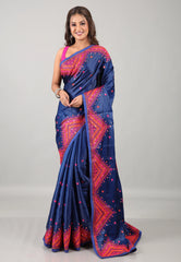 Navy Blue Kantha Silk Saree With Blouse Piece - Adi Akshoy & Co.