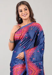 Navy Blue Kantha Silk Saree With Blouse Piece - Adi Akshoy & Co.