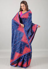 Navy Blue Kantha Silk Saree With Blouse Piece - Adi Akshoy & Co.